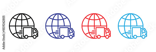 A series of four globe icons with delivery trucks integrated into their designs displayed in different colors high quality professional