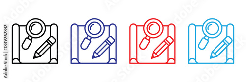 Four variations of a clipboard icon featuring a magnifying glass and pencil displayed in black blue red and cyan outlines