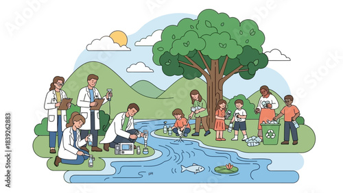 scientific research team studying aquatic ecosystem biodiversity in natural