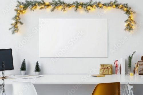 Christmas Poster Mockup in Bright Office with Festive Desk Decor