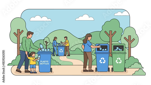 community park with recycling bins and sustainable waste management activities
