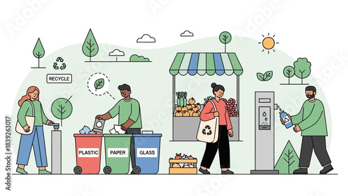 eco-friendly community recycling and waste sorting at a local marketplace