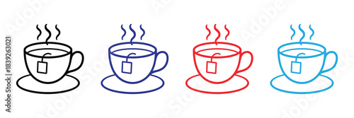 A simple illustration showcasing four different colored cups of steaming hot beverages with saucers offering a visually appealing design