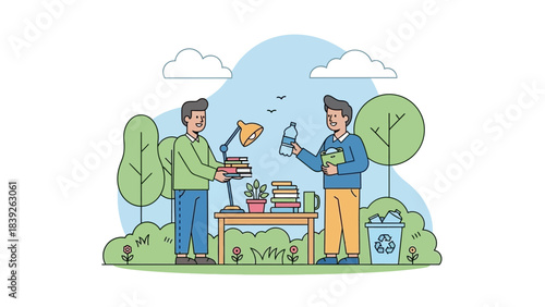 students exchanging books and water bottles in a lush outdoor park scene full