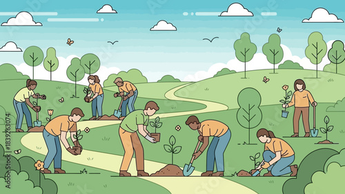 community gardening activity with diverse volunteers planting and caring for