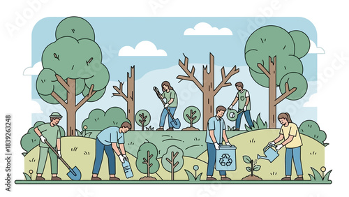 community gardening activity showing diverse people planting trees and