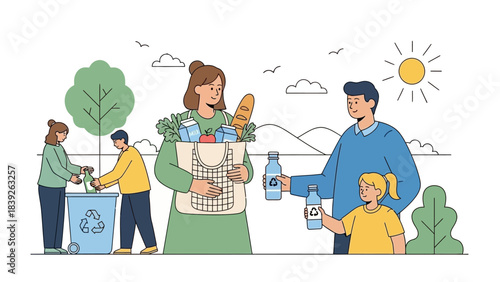 family participating in a community cleanup activity outdoors on a sunny day