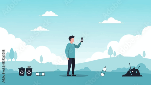 Eco-conscious individual taking a selfie with recyclable waste in a natural