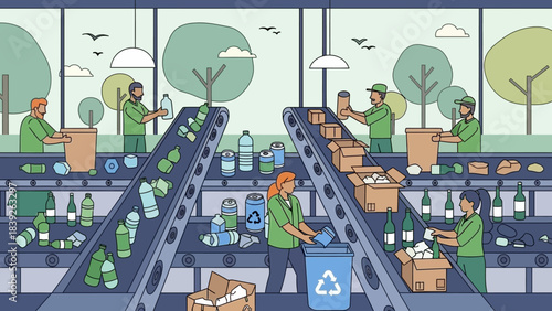 Modern recycling center with workers sorting and packaging waste for