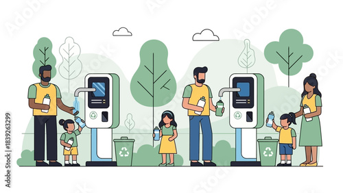 community recycling initiative with diverse individuals using water refill