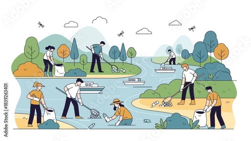 community cleanup activity along riverbank with diverse volunteers engaging in