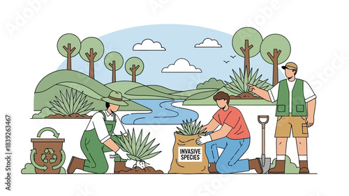 community effort to remove invasive species from natural landscape involving