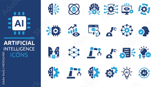Set of Thin Line Art Icons for Artificial Intelligence, Cloud Computing, Data Analytics, and Digital Technology, Including Symbols for AI Brain, Robot, Server, Network, and Human-Computer Interaction 