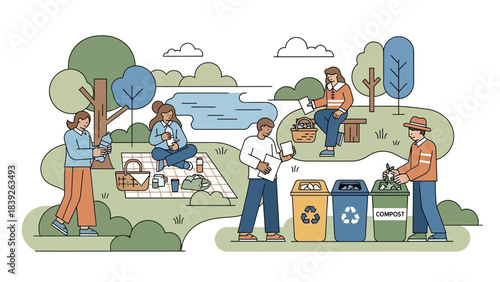 community cleanup and recycling effort in a peaceful park setting during