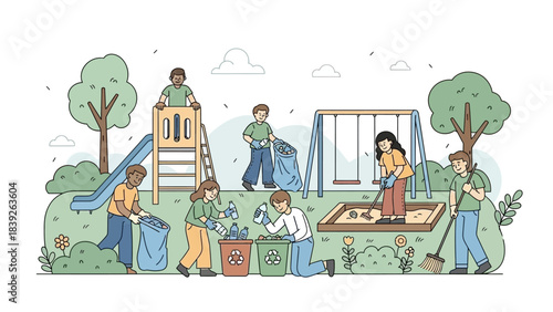 Children and Adults Participating in a Community Park Cleanup and Recycling