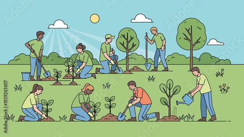 community gardening project with diverse individuals planting young trees