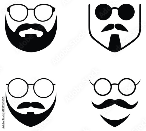 Set of black icons representing different styles of beards and mustaches with glasses