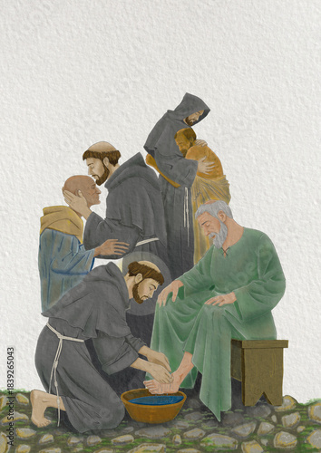 Tableau sur toile Saint Francis of Assisi and the kiss of the leper, the fraternal embrace