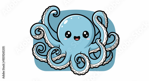 Adorable blue cartoon octopus with big eyes and a happy smile.