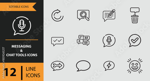 12 Messaging and Chat Tools Icons outline icon set. Messaging and chat tools outline icons collection