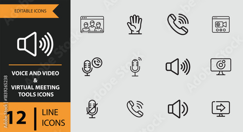 12 Voice and Video and Virtual Meeting Tools Icons outline icon set. Voice video and virtual meeting outline icons set