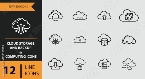 12 Cloud Storage and Backup and Computing Icons outline icon set. Cloud storage backup and computing outline icons collection
