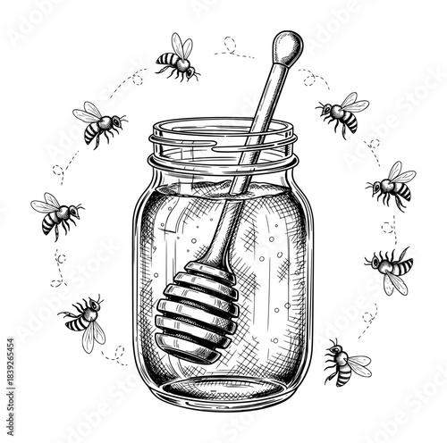 Jar of Honey with Bees in Vintage Ink Style. Hand Drawn Black and White Line Illustration with Hatching and Crosshatching Detail.