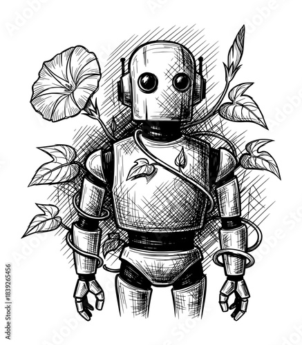 Robot Wrapped in Flowering Vines. Hand Drawn Ink Sketch with Crosshatching Detail.