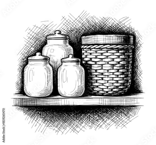 Glass Jars and Woven Basket on Shelf. Hand Drawn Black and White Sketch with Crosshatching.