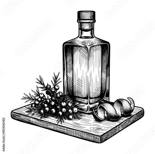 Gin Bottle with Juniper Berries and Citrus on a Wooden Board. Detailed Black and White Engraving Style Illustration.