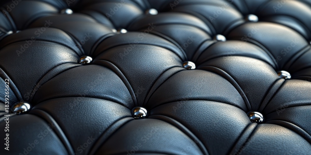 Fototapeta premium Luxurious black leather tufted upholstery with silver buttons in a repeating pattern