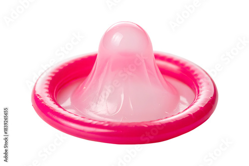 Pink Unrolled Condom with Reservoir Tip Isolated White Background Latex Prophylactic