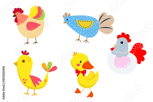 A collection of cartoon farm birds including chickens, a rooster and a duckling in bright, cheerful colors on a white background.