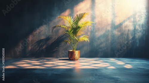Potted plant bathed in sunlight against a mottled concrete wall