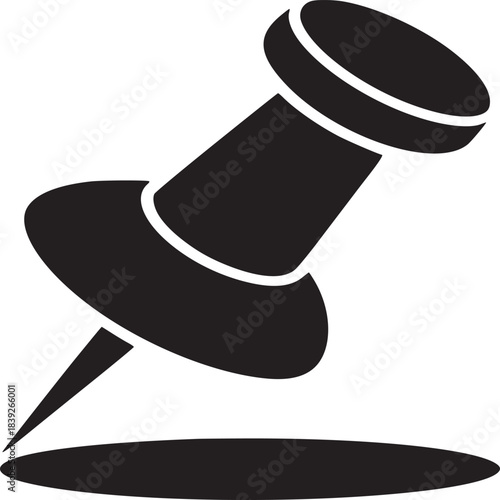 A black push pin with a shadow on a white background in a simple minimalist style illustration