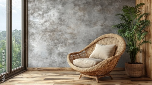 Wicker chair by window against gray wall, tropical plant, wood panel & floor
