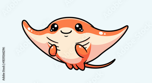 Cute Cartoon Stingray Swimming Happily in the Ocean.