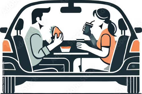 Couple eating in car interior driving