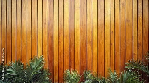 Wood slat wall with vibrant green palm fronds at the bottom edge