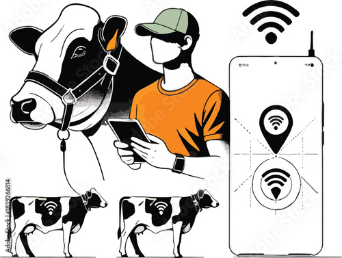 Farmer Using Smartphone for Cow Tracking and Data vector
