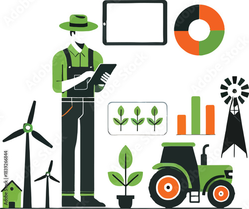 Farmer with Technology and Sustainable Agriculture Elements Keywords: farmer, agriculture