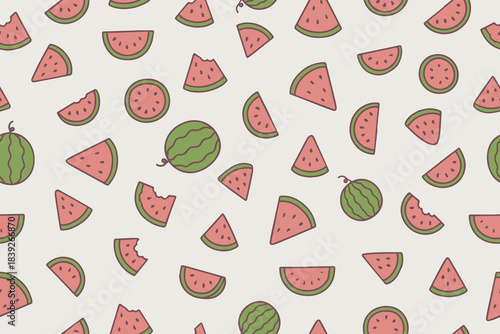 Vector illustration featuring  pattern of watermelon slices in various shapes and sizes, perfect for summer-themed designs. Includes whole and bitten pieces on a light background.