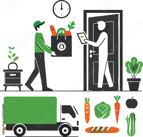 Grocery delivery man hands bag to person at door with truck and produce