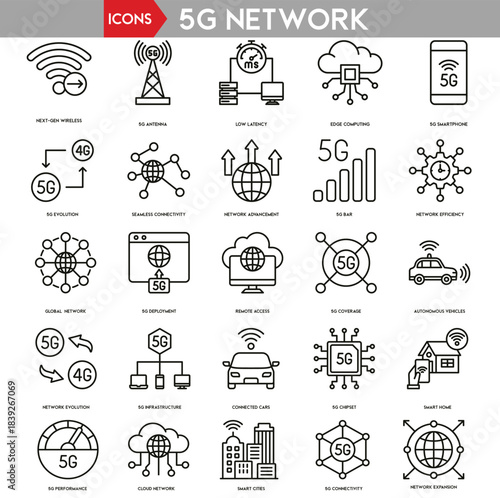 5G network technology icons in modern digital style.