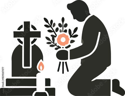 Man laying flowers at a grave with a candle funeral