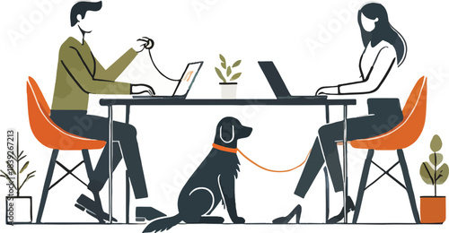 People working on laptops with a dog at a table office