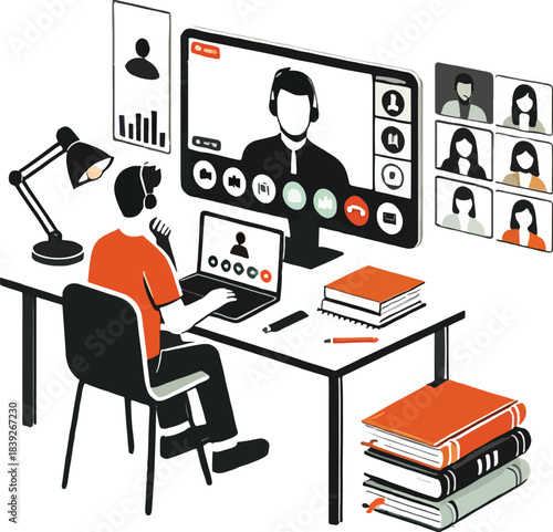 Person attending online meeting with multiple participants