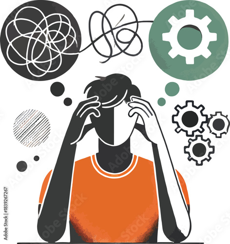 Person experiencing mental confusion and stress with gears