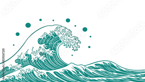 A stylized illustration of a large, powerful ocean wave breaking with foam and spray, set against a white background with scattered circles.