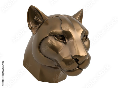 Isolated Bronze-Colored Sculpture of Mountain Lion Head, Detailed Polygonal Design, Art Form